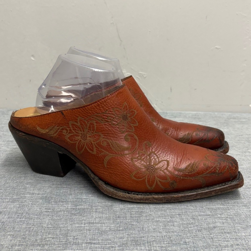 ASH Mules Women 9.5-10 Cognac Floral Etched Leather Western Pointed Toe Vintage